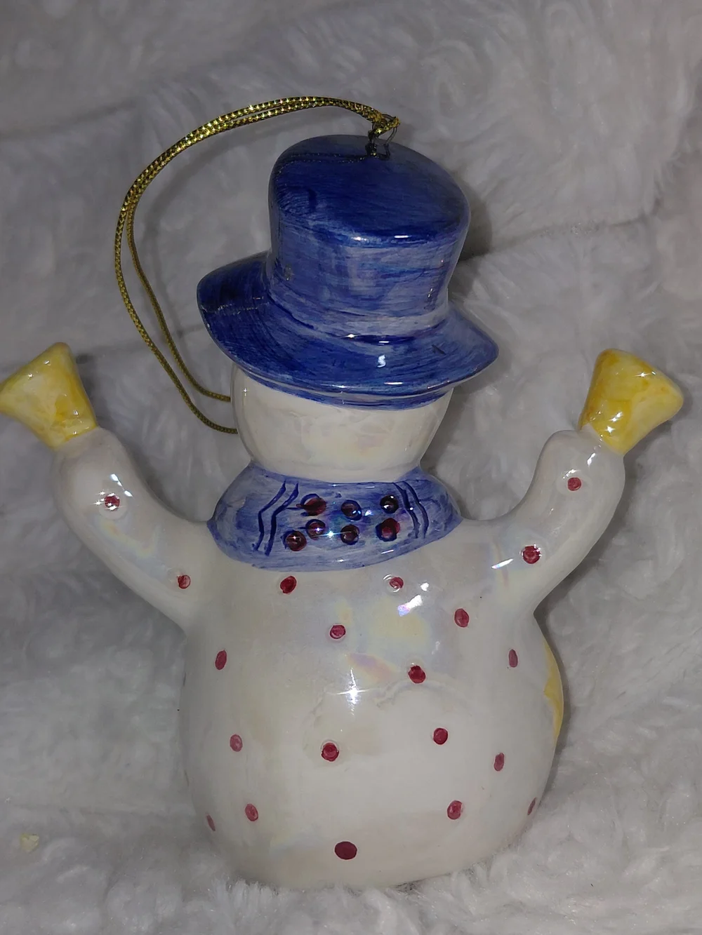 Hand-Painted Vintage Ceramic Snowman Ornament - Blue Hat & Scarf